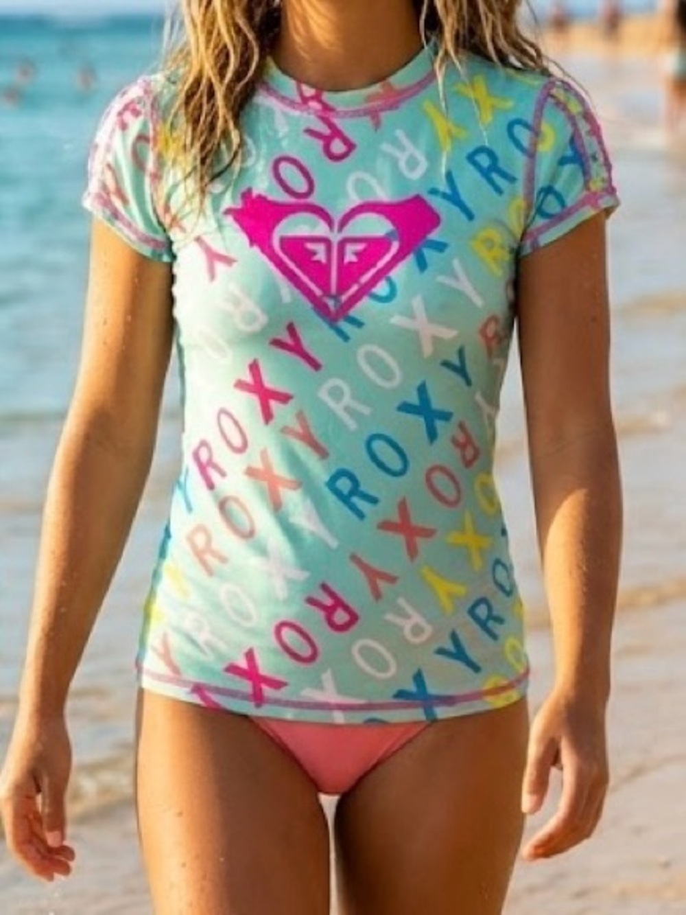 Roxy Girls Mint Green All-Over Logo Print Rash Guard Surf Swim Beach Snorkel